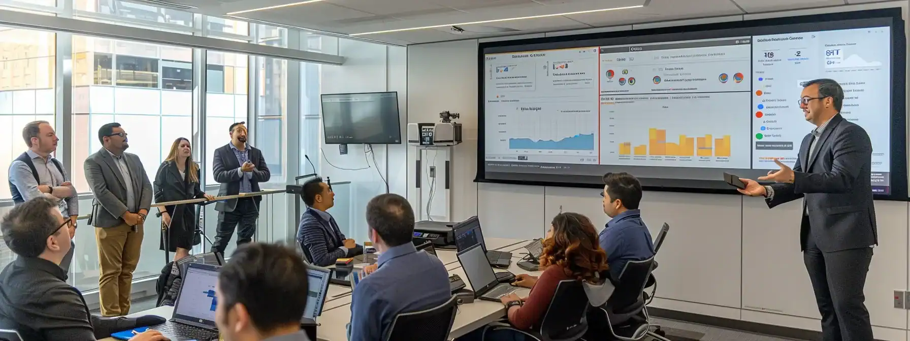 a modern office environment showcases an engaging brainstorming session, featuring a diverse group of professionals animatedly discussing jingle production strategies, with charts and audio equipment prominently displayed, emphasizing the theme of cost-effective marketing solutions.
