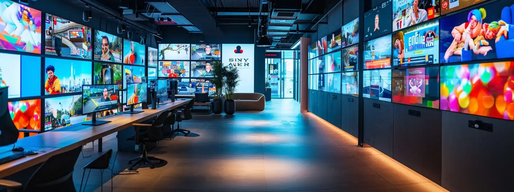 a sleek, modern office space filled with digital screens displaying vibrant social media posts and video advertisements for catchy jingles, embodying the dynamic energy of a home service business marketing strategy.