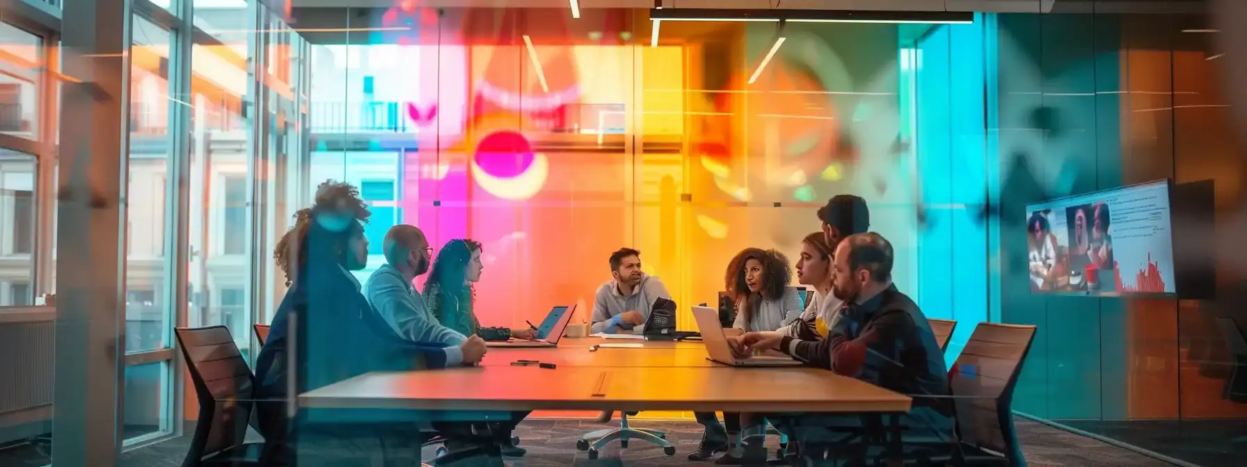 a vibrant, modern office space filled with creative professionals animatedly brainstorming around a sleek conference table, surrounded by colorful jingle lyrics and catchy slogans projected on digital screens, capturing the essence of engaging home service marketing.