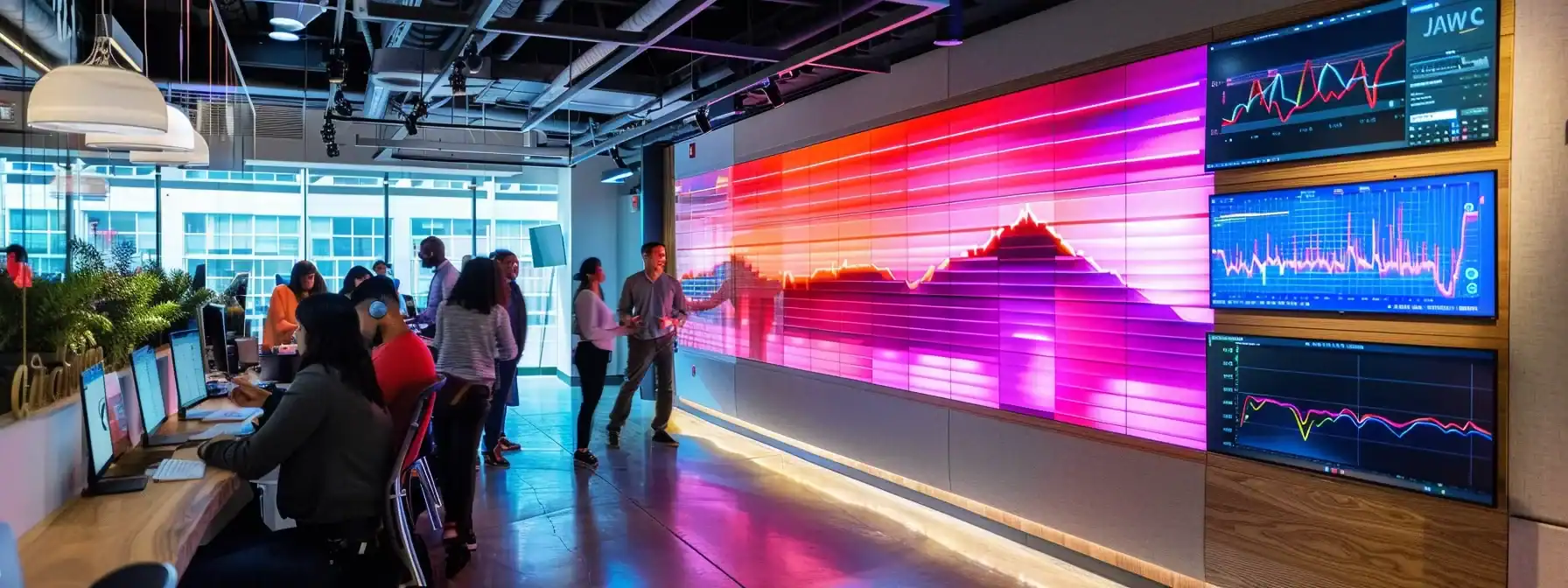 a vibrant urban marketing office buzzes with creativity as a team collaborates enthusiastically around digital screens showcasing customizable jingle options, surrounded by colorful audio wave graphics and promotional materials that reflect local trends and seasonal themes.