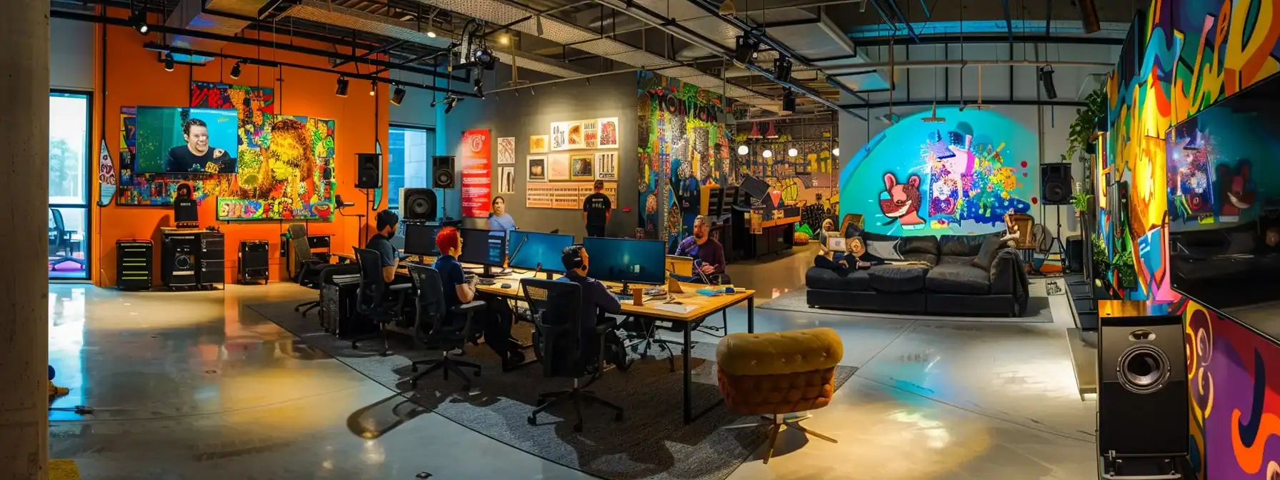 a vibrant urban office scene showcases a diverse team brainstorming catchy jingles, surrounded by colorful branding materials and sound equipment, capturing the dynamic energy of enhancing home service branding through memorable music.