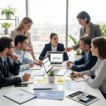 Business owners collaborating with a marketing agency in a modern office