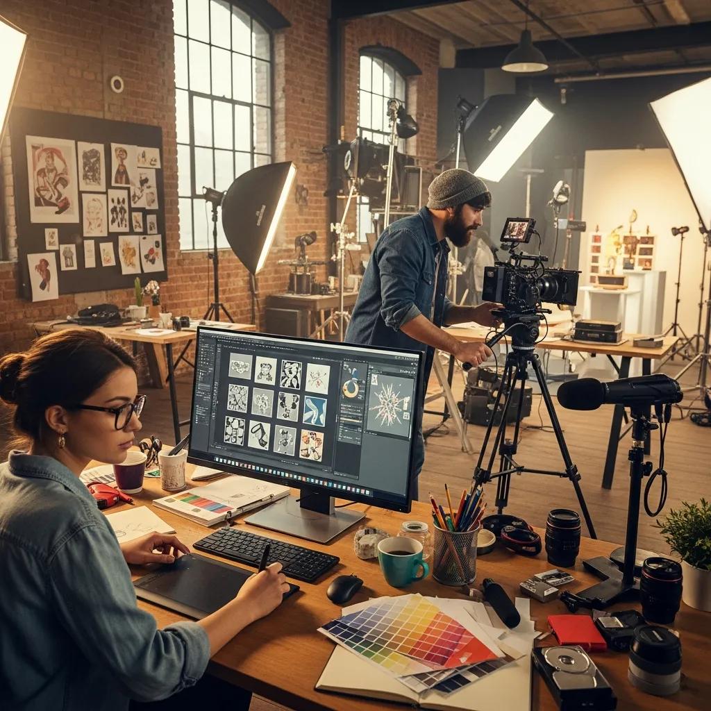 Full-Service Advertising Agency Solutions 3 Creative production process in a studio, highlighting graphic design and video production for advertising