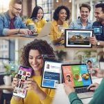 Diverse group of people engaging with social media on devices, representing targeted advertising strategies