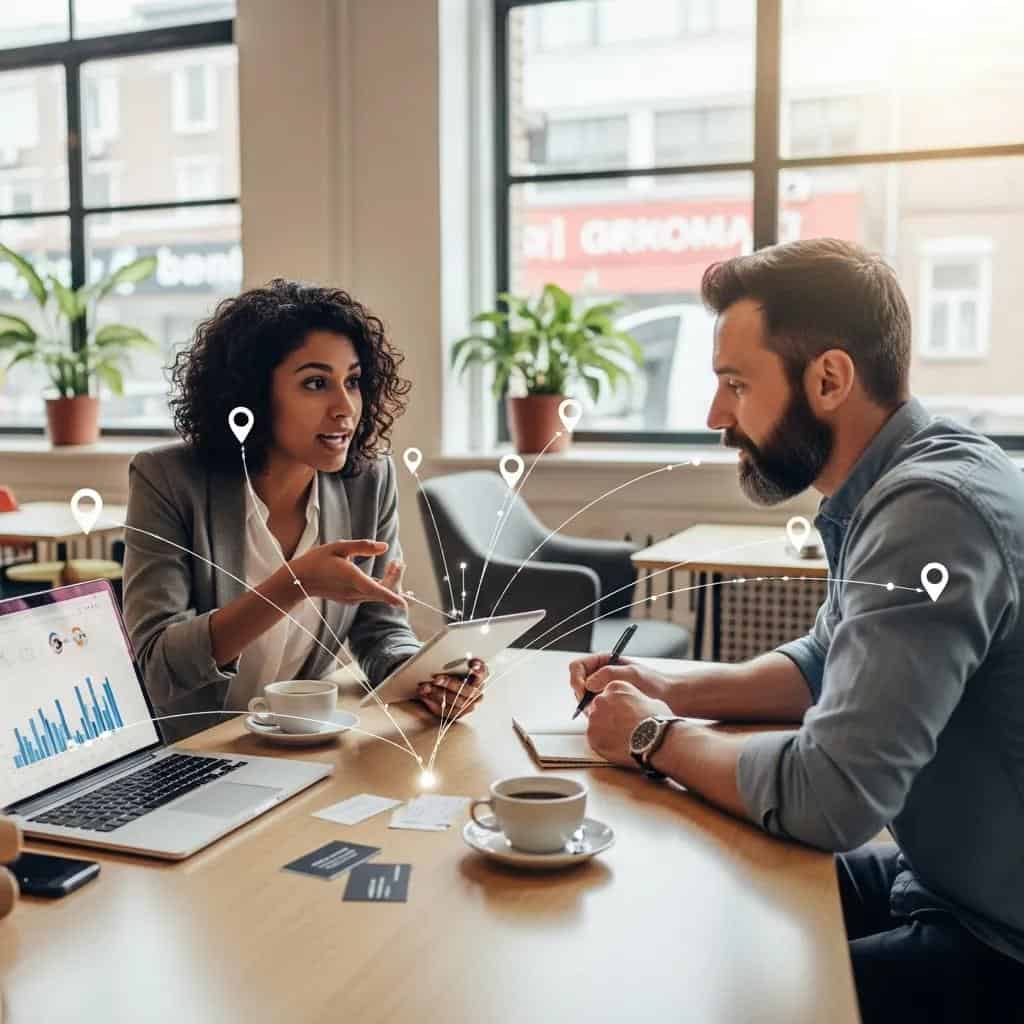 Local business owners collaborating in a modern office, emphasizing partnership in local link building strategies