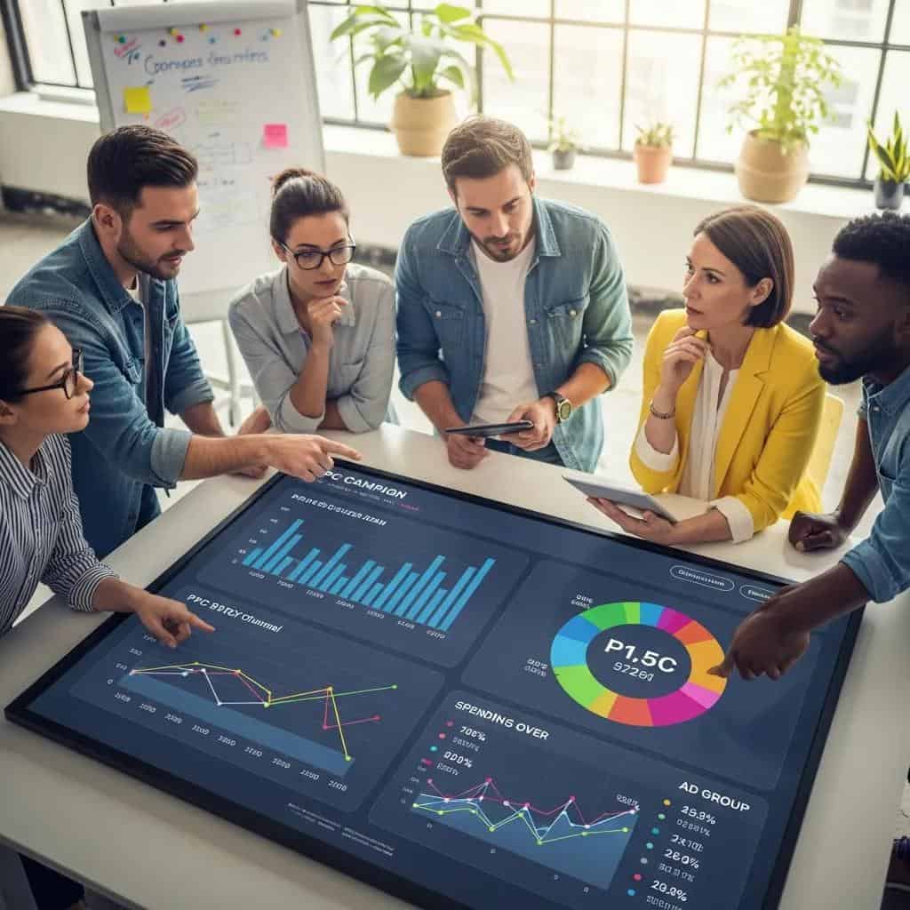 Marketing team collaborating on PPC campaign optimization with digital metrics