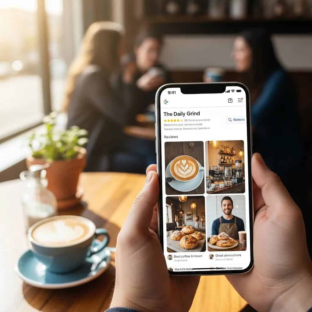 Smartphone displaying an optimized Google Business Profile with vibrant photos and positive reviews in a café setting