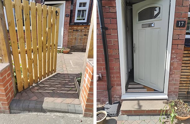 Two photos of 17 Norman Row. An open garden gate made from unpainted wood slats. And a light grey/green front is ajar, showing a step and door threshold.