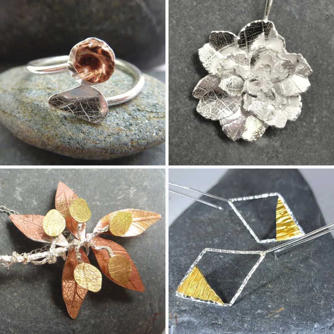 Four different images of silver and gold jewelry