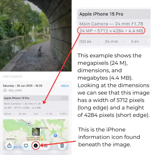 A screenshot from an iPhone. It shows the data from an photograph, highlighting the dimensions in pixels. The width is 5712 pixels and the height is 4284 pixels.