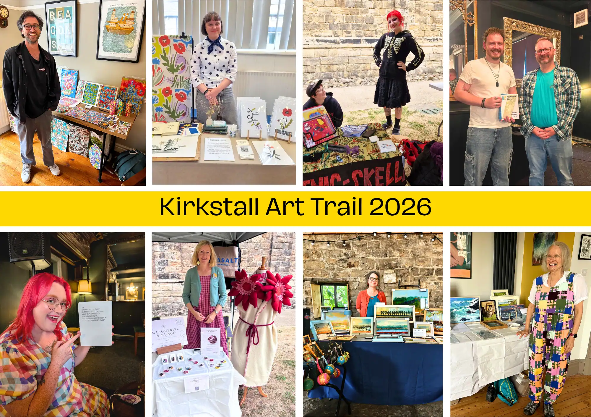 Collage of photos from Kirkstall Art Trail 2026, showing portraits of artists, poets, and designers posing with framed prints and craft stalls, including a poetry competition book, with a "Kirkstall Art Trail 2026" title graphic.