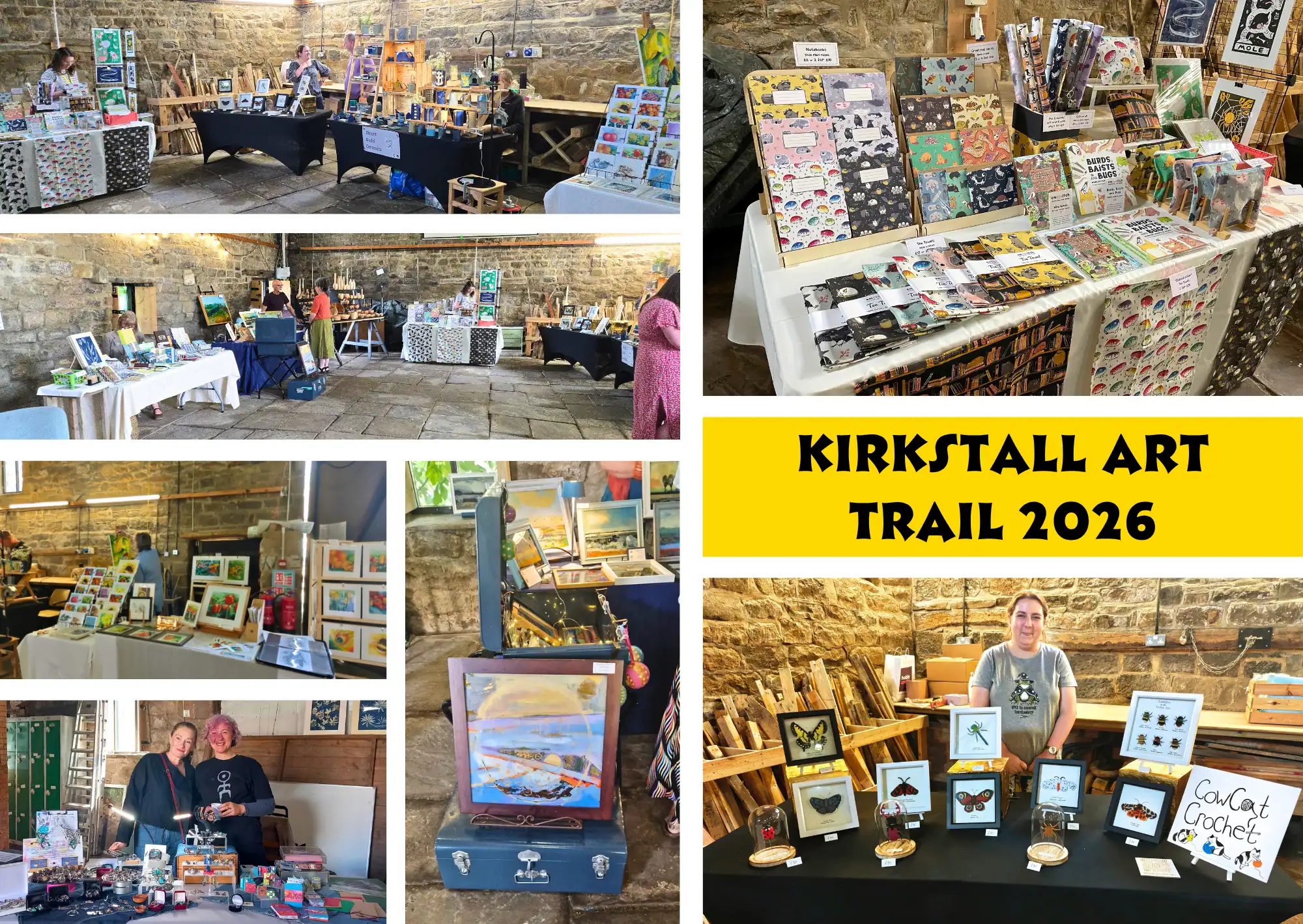 Collage of photos from Kirkstall Art Trail 2026, showing artists and their art and craft stalls at Hollybush, with a "Kirkstall Art Trail 2026" title graphic.