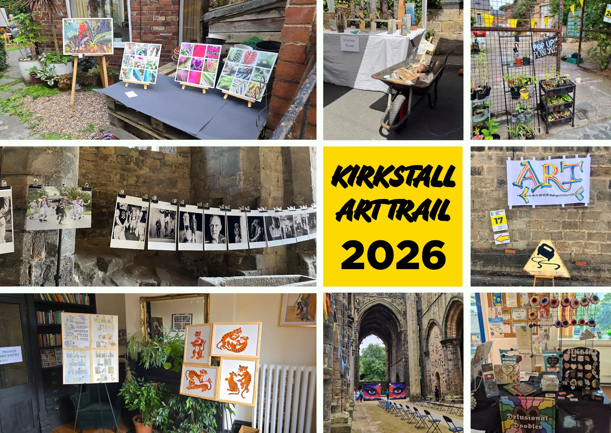 Collage of photos from Kirkstall Art Trail 2026, showing exhibits and craft stalls, a plant sale, and the fashion show catwalk set-up in the Abbey nave, with a "Kirkstall Art Trail 2026" title graphic.