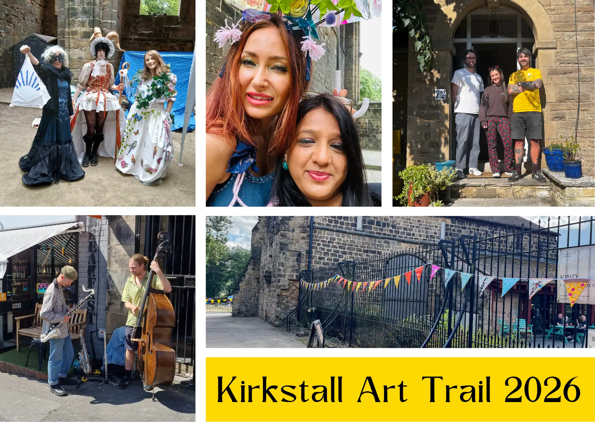 Collage of photos from Kirkstall Art Trail 2026, showing theatrical fashion show models, artists on a doorstep, and street musicians, with a "Kirkstall Art Trail 2026" title graphic.