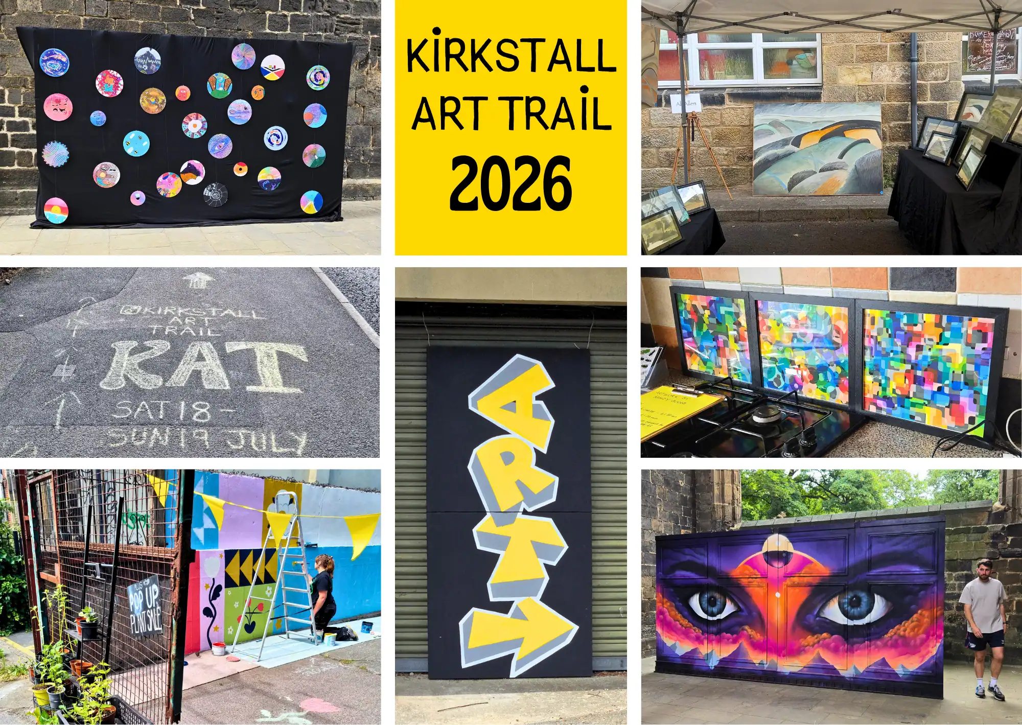 Collage of photos from Kirkstall Art Trail 2026, showing colourful murals and paintings, a large graffiti art sign, and a chalked pavement, with a "Kirkstall Art Trail 2026" title graphic.