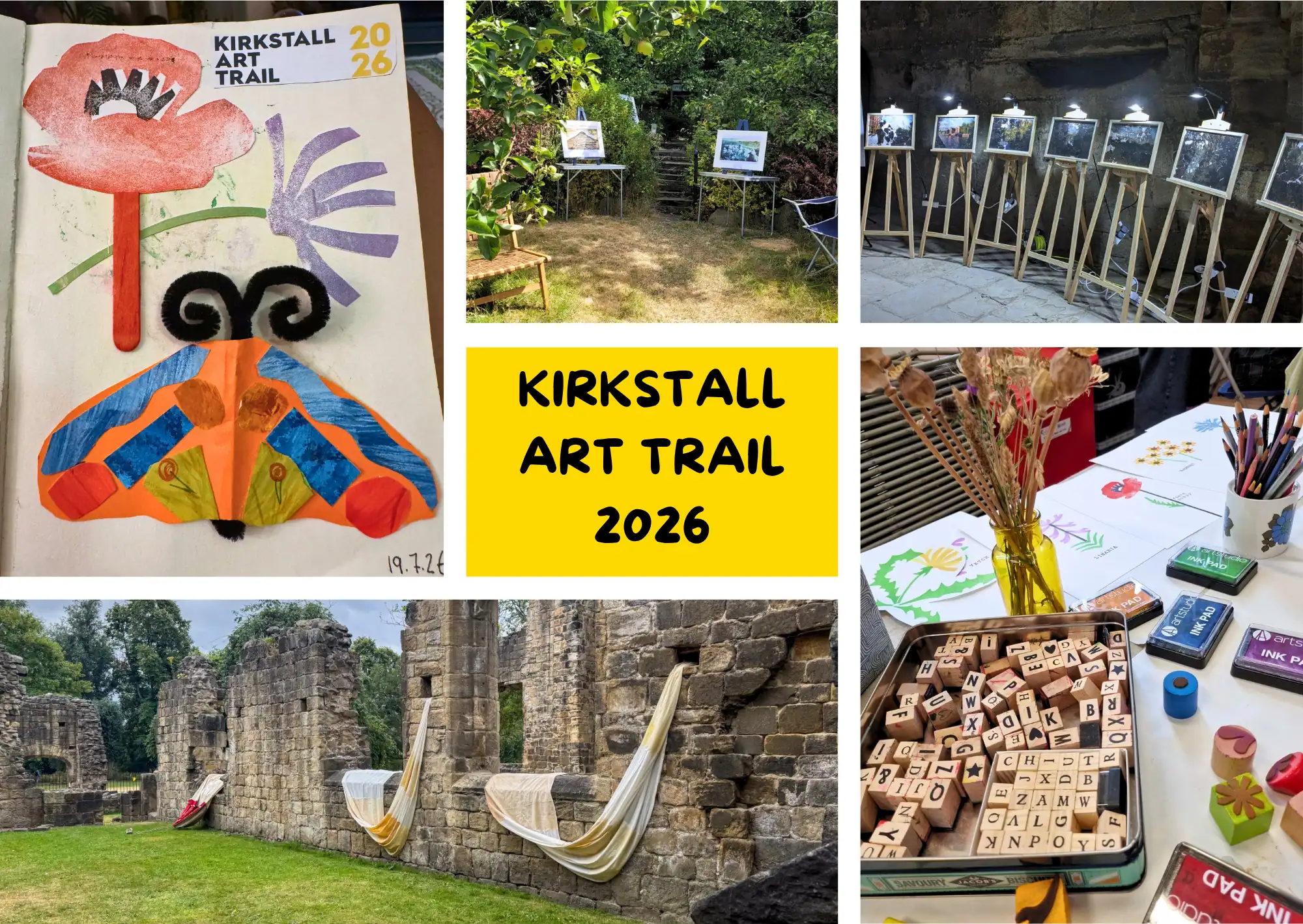 Collage of photos from Kirkstall Art Trail 2026, showing exhibits within the Abbey and garden, and printmaking workshop materials with a finished paper collage, with a "Kirkstall Art Trail 2026" title graphic.