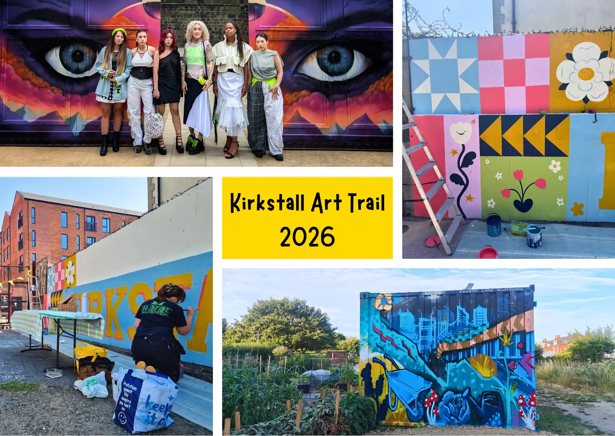 Collage of photos from Kirkstall Art Trail 2026, showing fashion show models, murals being painted, and colourful street art, with a "Kirkstall Art Trail 2026" title graphic.