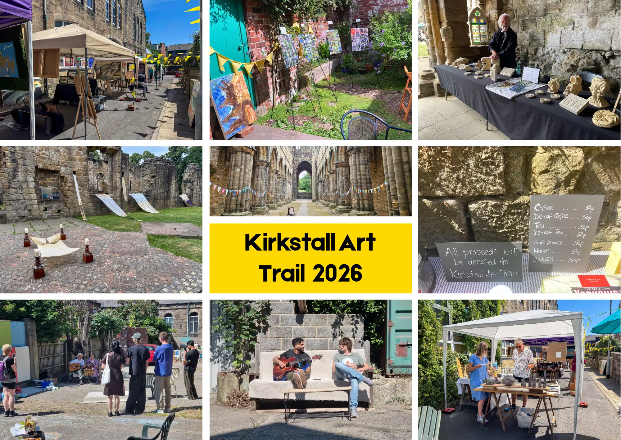 Collage of photos from Kirkstall Art Trail 2026, showing outdoor art stalls, sculpture displays in the Abbey ruins, and live music, with a "Kirkstall Art Trail 2026" title graphic.