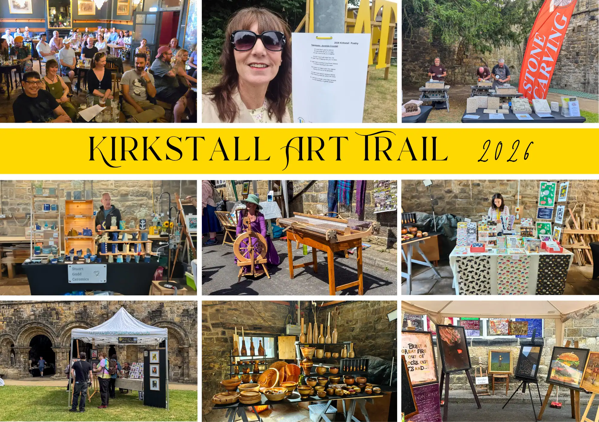 Collage of photos from Kirkstall Art Trail 2026, showing craft stalls, a poet, live weaving and stone carving demonstrations, and [an audience/a talk], with a "Kirkstall Art Trail 2026" title graphic.