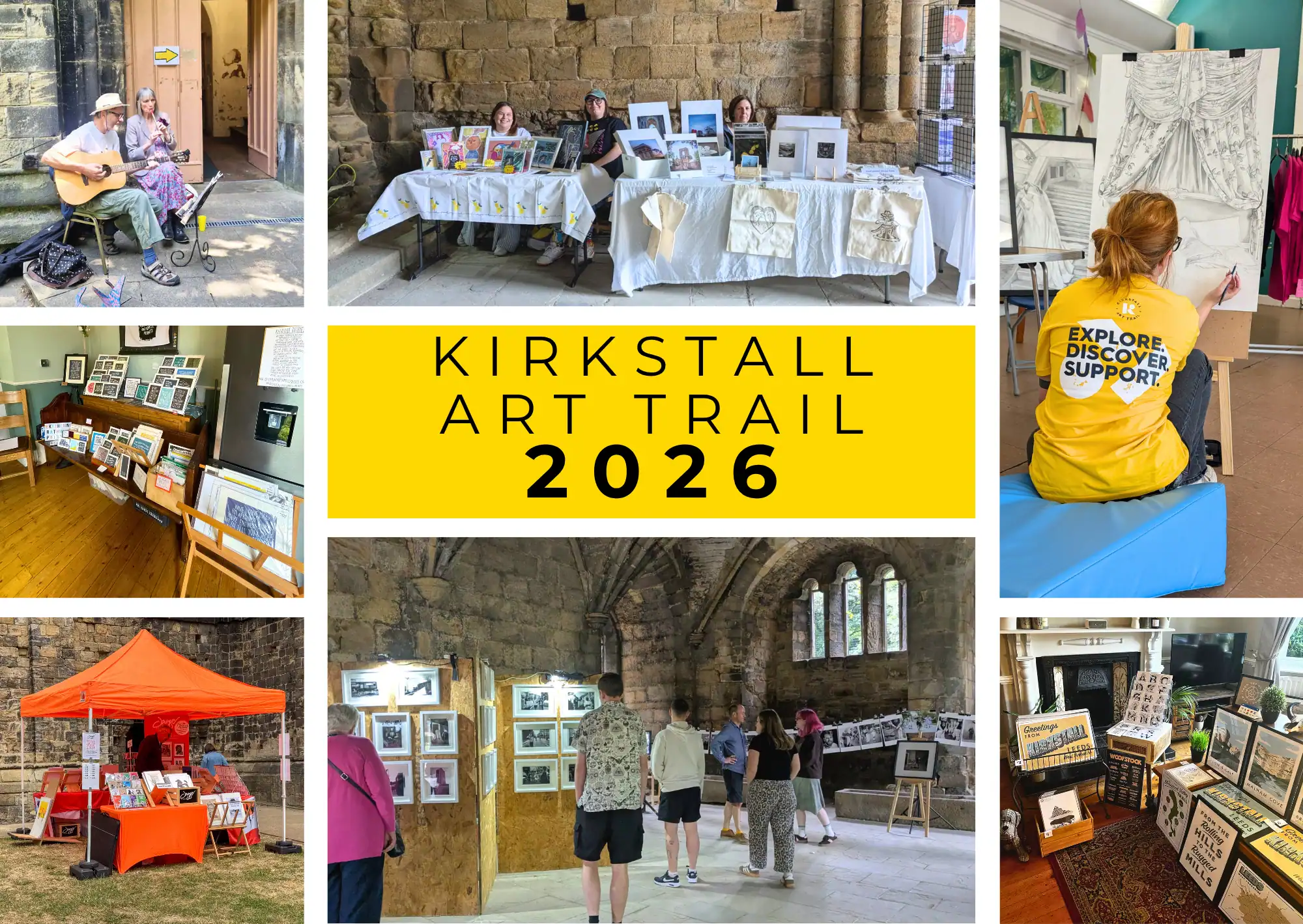 Collage of photos from Kirkstall Art Trail 2026, showing art stalls and exhibits, live music, and a live drawing demonstration, with a "Kirkstall Art Trail 2026" title graphic.