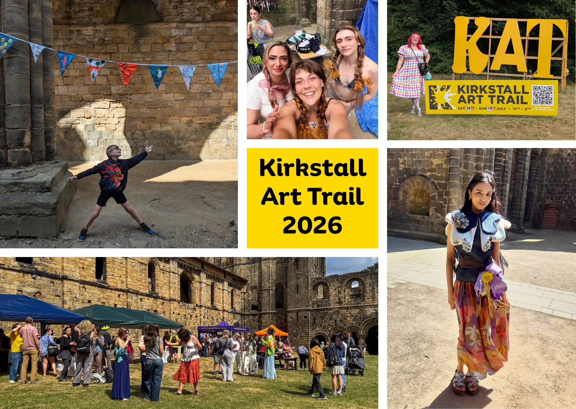 Collage of photos from Kirkstall Art Trail 2026, showing visitors at the Abbey, a fashion model, and a visitor posing with the KAT sign, with a "Kirkstall Art Trail 2026" title graphic.