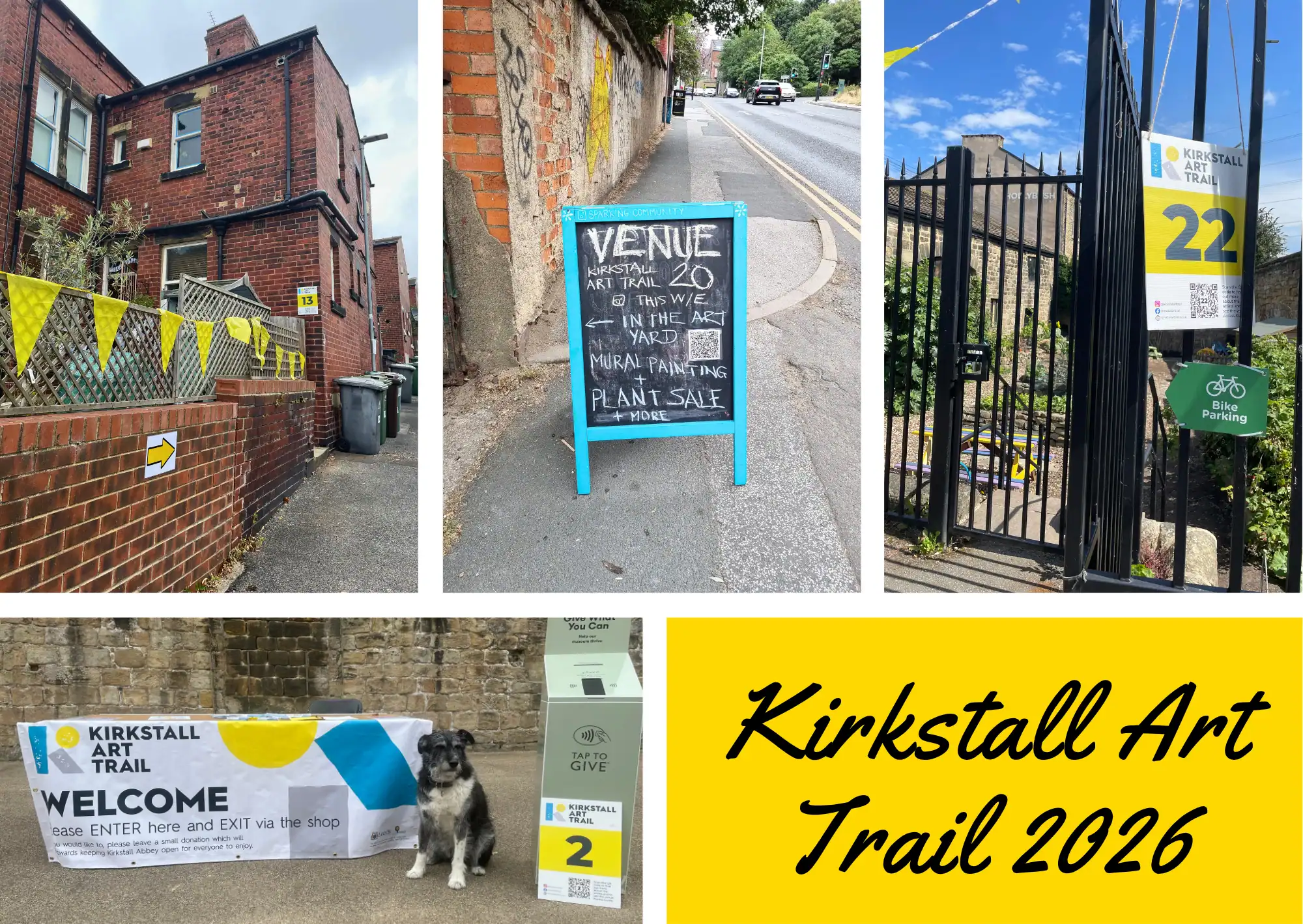 Collage of photos from Kirkstall Art Trail 2026, showing venue number signs, yellow bunting, and a dog posing with an art trail banner, with a "Kirkstall Art Trail 2026" title graphic.