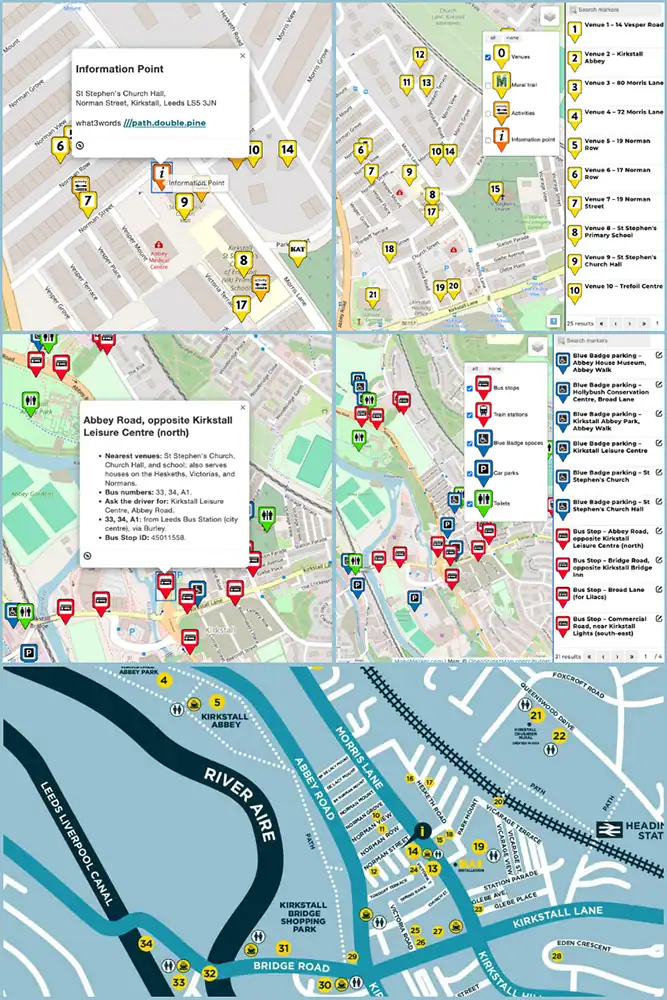 Example screenshots of the interactive Art Trail map and amenities map, alongside the printed Art Trail map, showing venue markers, category filters, information pop-ups, and map layout.