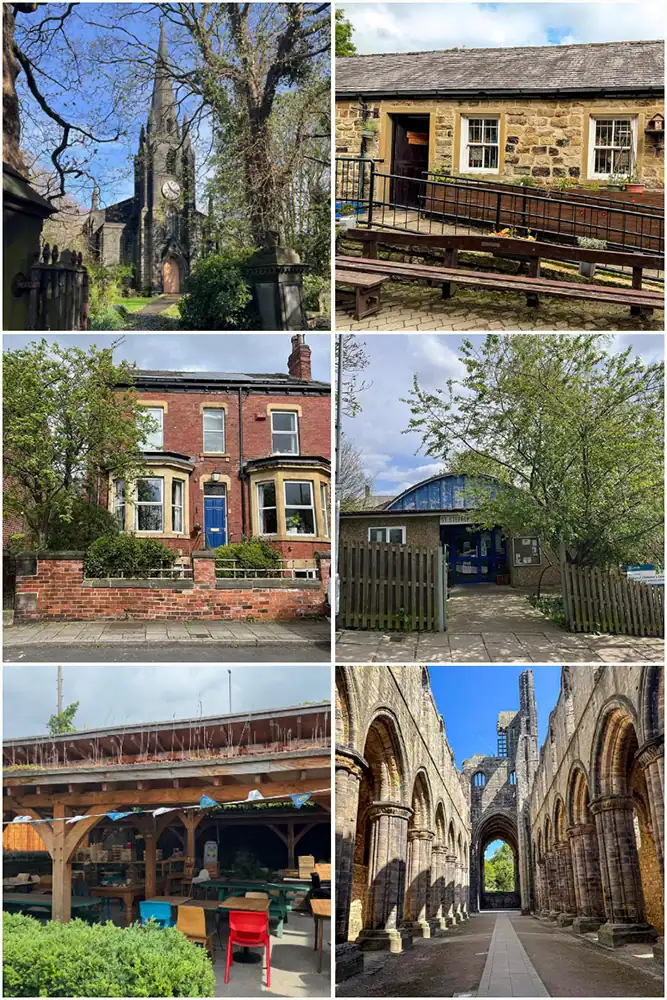 Examples of Art Trail venues: a church, a church hall, a terraced house, a community hub entrance, a covered outdoor workspace, and Kirkstall Abbey's ruins.