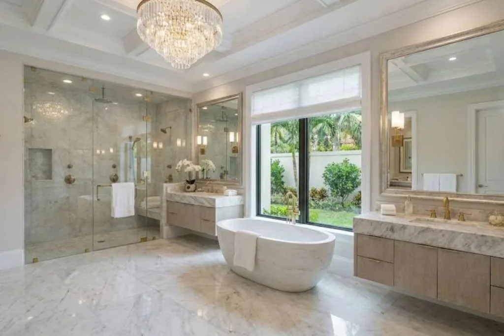 Custom luxury bathroom vanity with marble countertop and modern fixtures