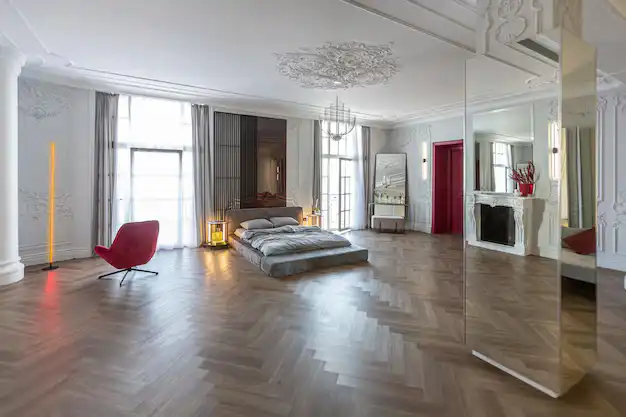 Hardwood flooring installation in modern living room