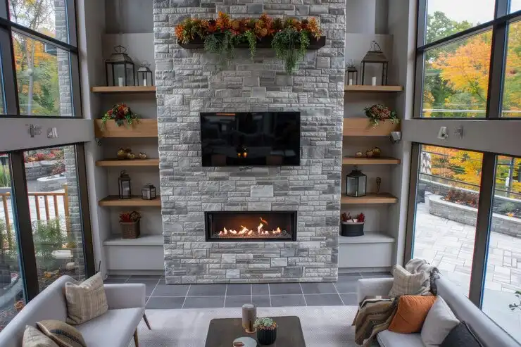 Stone fireplace accent wall installation design