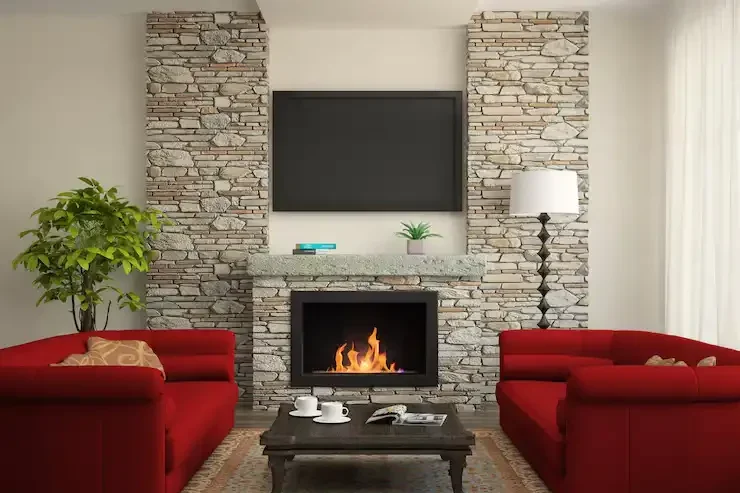 Stone fireplace accent wall installation design