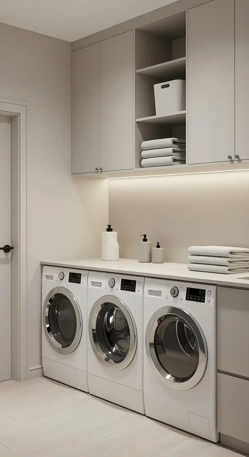 modern laundry room with washing machines storage optimized