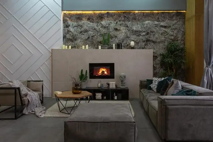 Stone fireplace accent wall installation design