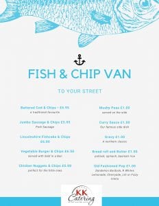 Fresh fish and chips menu from KK Catering, specialising in traditional British seafood dishes.