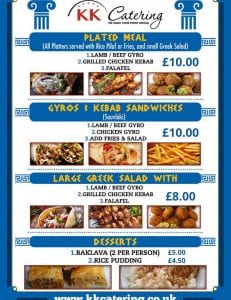 Delicious Greek catering platters, gyros, kebabs, and salad options for events in the UK.