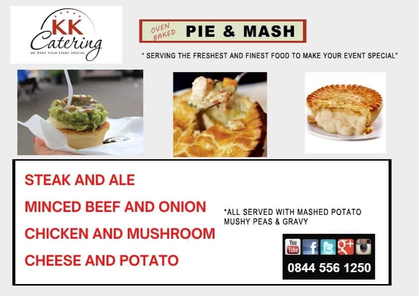 classic pie and mash menu from kk catering for pie and mash catering