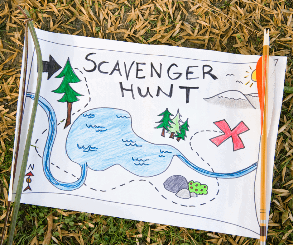 Colourful scavenger hunt map for outdoor team building events and activities in nature.