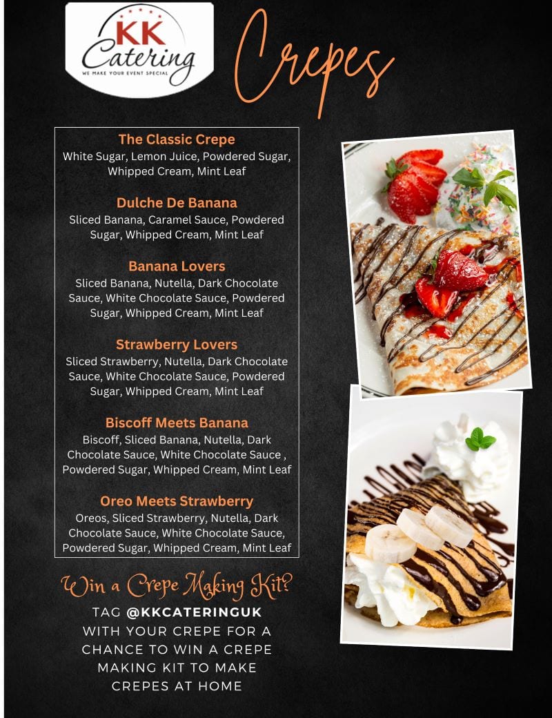 Sweet crepe menu from KK Catering with premium toppings
