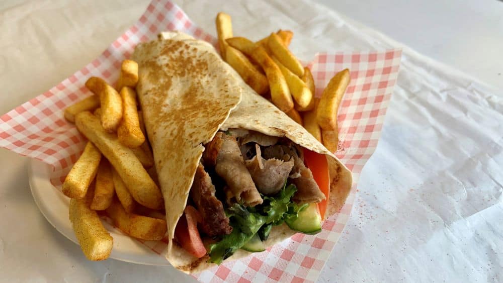 doner kebab wrap with chips from kk catering