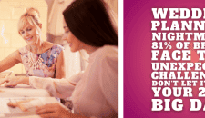 1. Wedding planning event with brides discussing details at the venue.