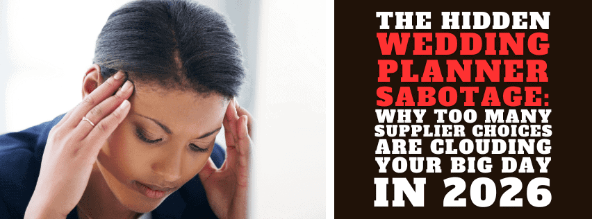 Overwhelmed woman holding head with wedding planner sabotage article on stress and supplier issues.