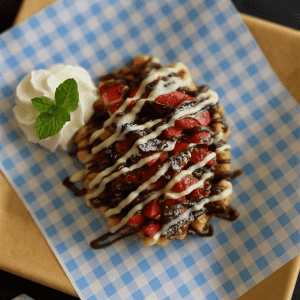 Fresh strawberry dessert with chocolate and white sauces, served with whipped cream and mint garnish.