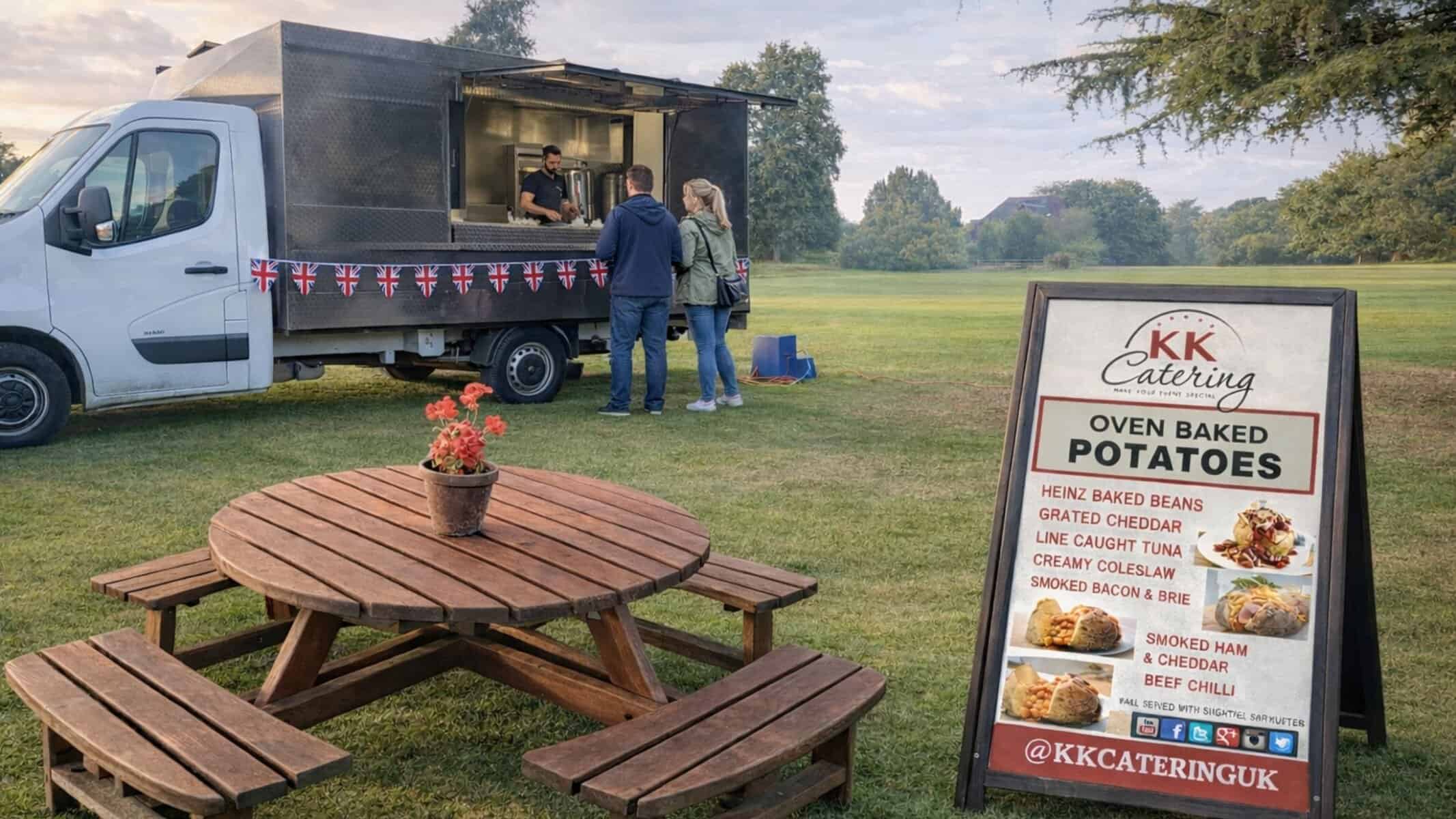 KK Catering baked potato van serving guests at a large outdoor corporate event.