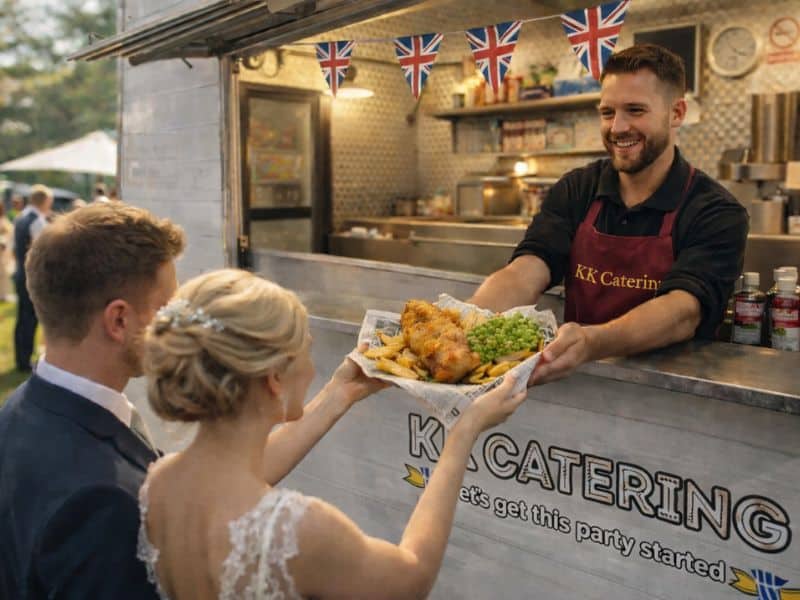 Catering service at an outdoor event, serving fish and chips, with cheerful staff and festive UK banners.