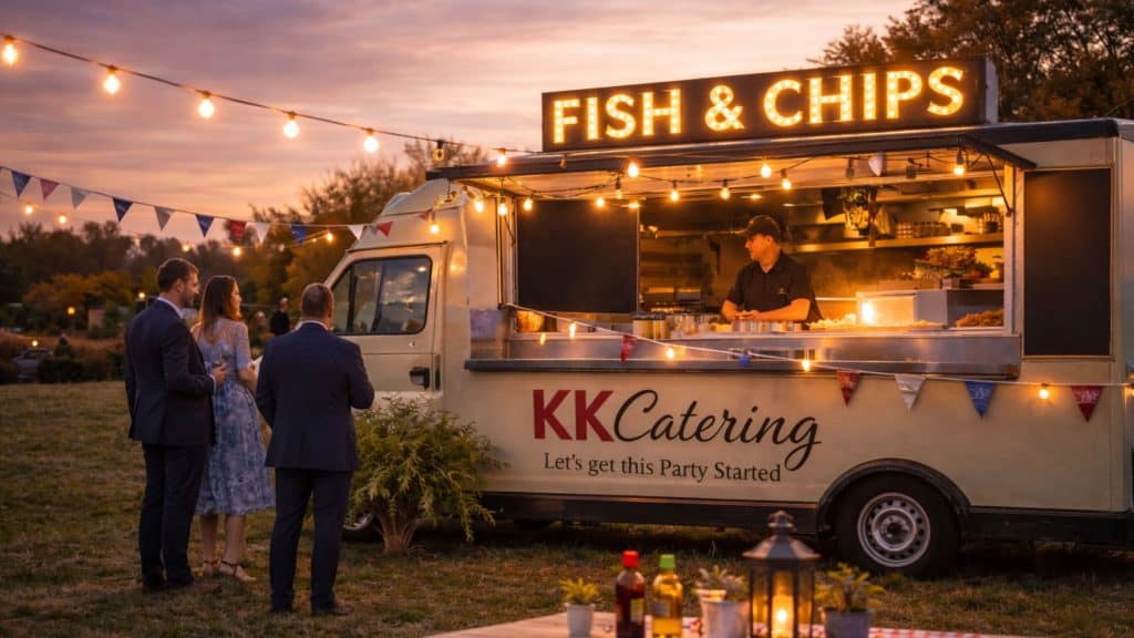 Fresh fish and chips mobile food truck at sunset, popular catering option for events and parties in the UK.