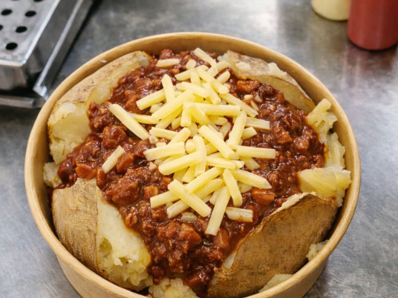 Creamy mashed potatoes with beef chilli and shredded cheese - delicious comfort food from KK Catering.