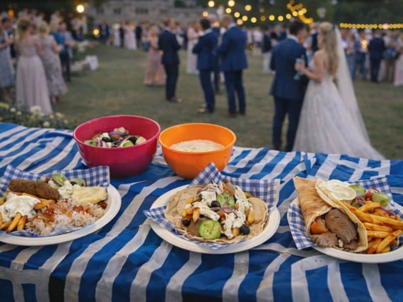 greek menu options on a buffet table at a wedding