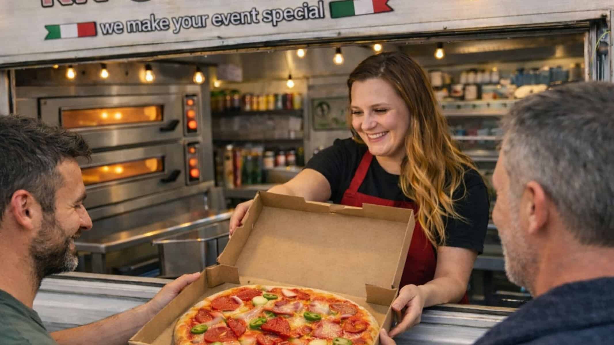KK Catering pizza van chef serving freshly cooked pizzas to guests at an event.