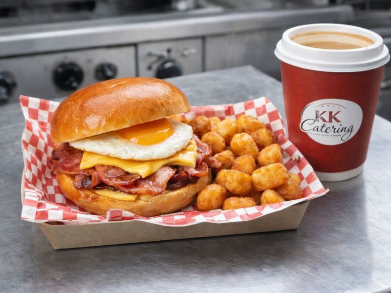 Bacon and egg breakfast sandwich from KK Catering breakfast van hire.